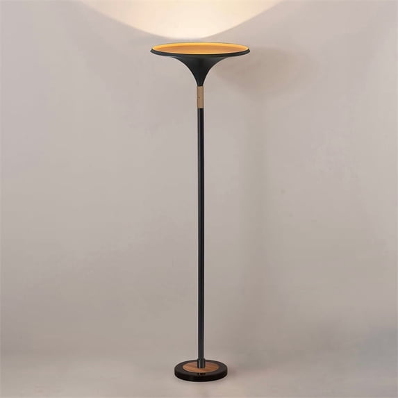 Lodi Torchiere Floor Lamp - Black Gold Leaf Shade Walnut Marble Base Foot Dimmer