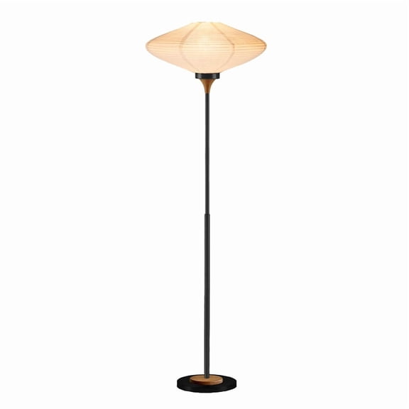 Roswell Torchiere Floor Lamp - Matte Black Walnut Washi Shade Marble Base Dimmer