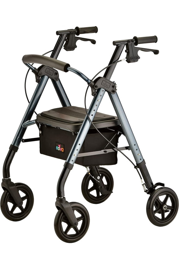 Star DX Rollator Walker with Wide Padded Seat, 8 Wheels, Fold Lock Feature, Rolling Walker with Adjustable Seat Height & 350 lb Weight Capacity, Blue