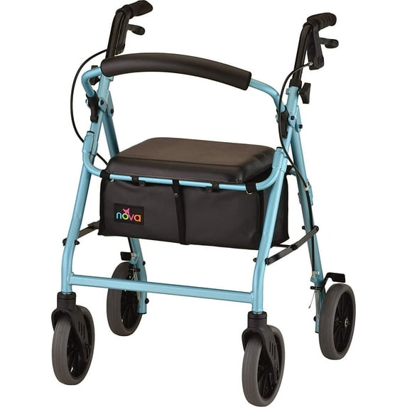 NOVA Zoom Rollator Walker with 22 Seat Height, Rolling Walker with Locking Hand Brakes, Padded Seat and 8 Wheels, Color Sky Blue