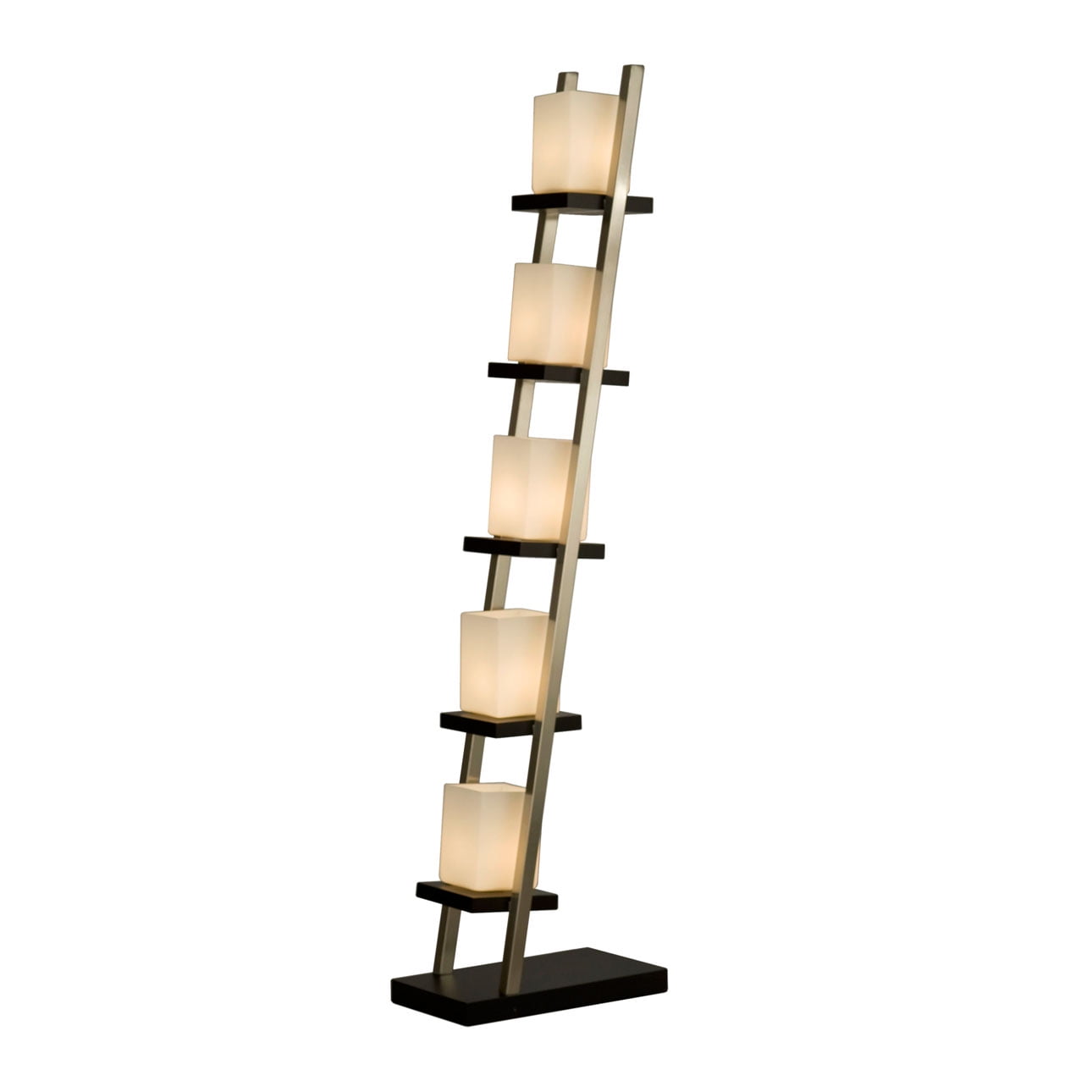 Escalier 5-Light Arc Floor Lamp in Espresso & Brushed Nickel with Off-White Glass Shades