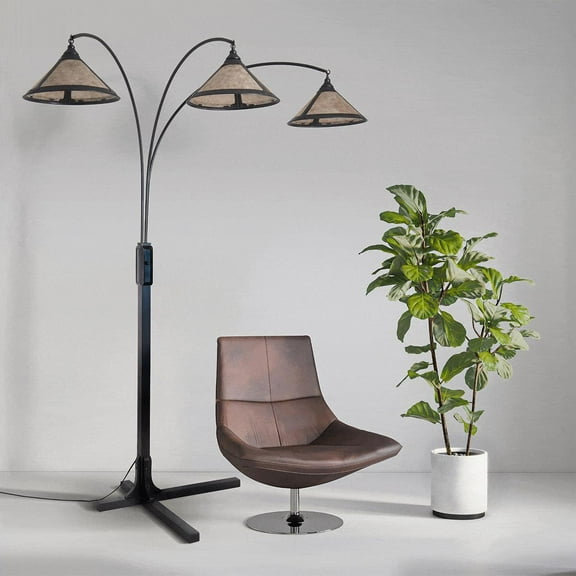 NOVA OF CALIFORNIA Natural Mica 3 Light Arc Floor Lamp - 86", Charcoal Gray Wood