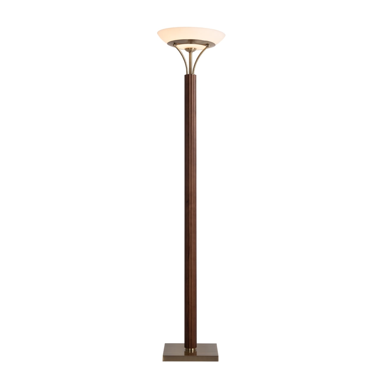 Dark Walnut and Weathered Brass Torchiere Floor Lamp with Glass Diffuser