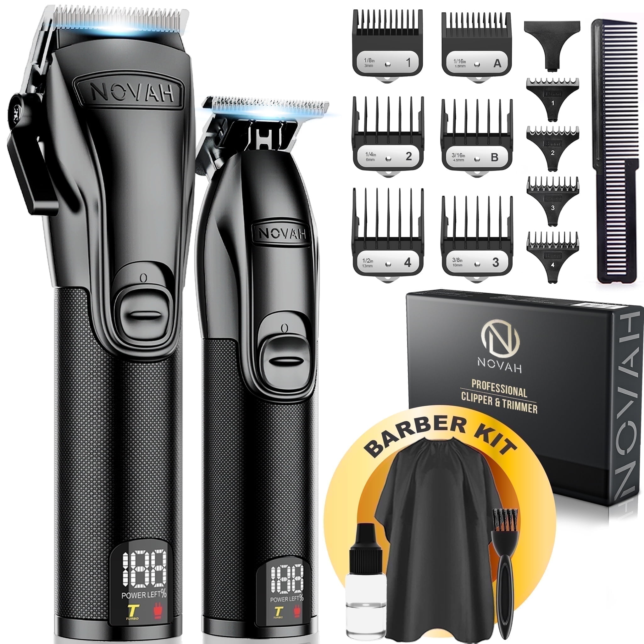 NOVAH Cordless Hair Clippers & Trimmer Set for Men, Zero Gap T-Blade Beard Trimmer, 18-Piece Kit, LED Display