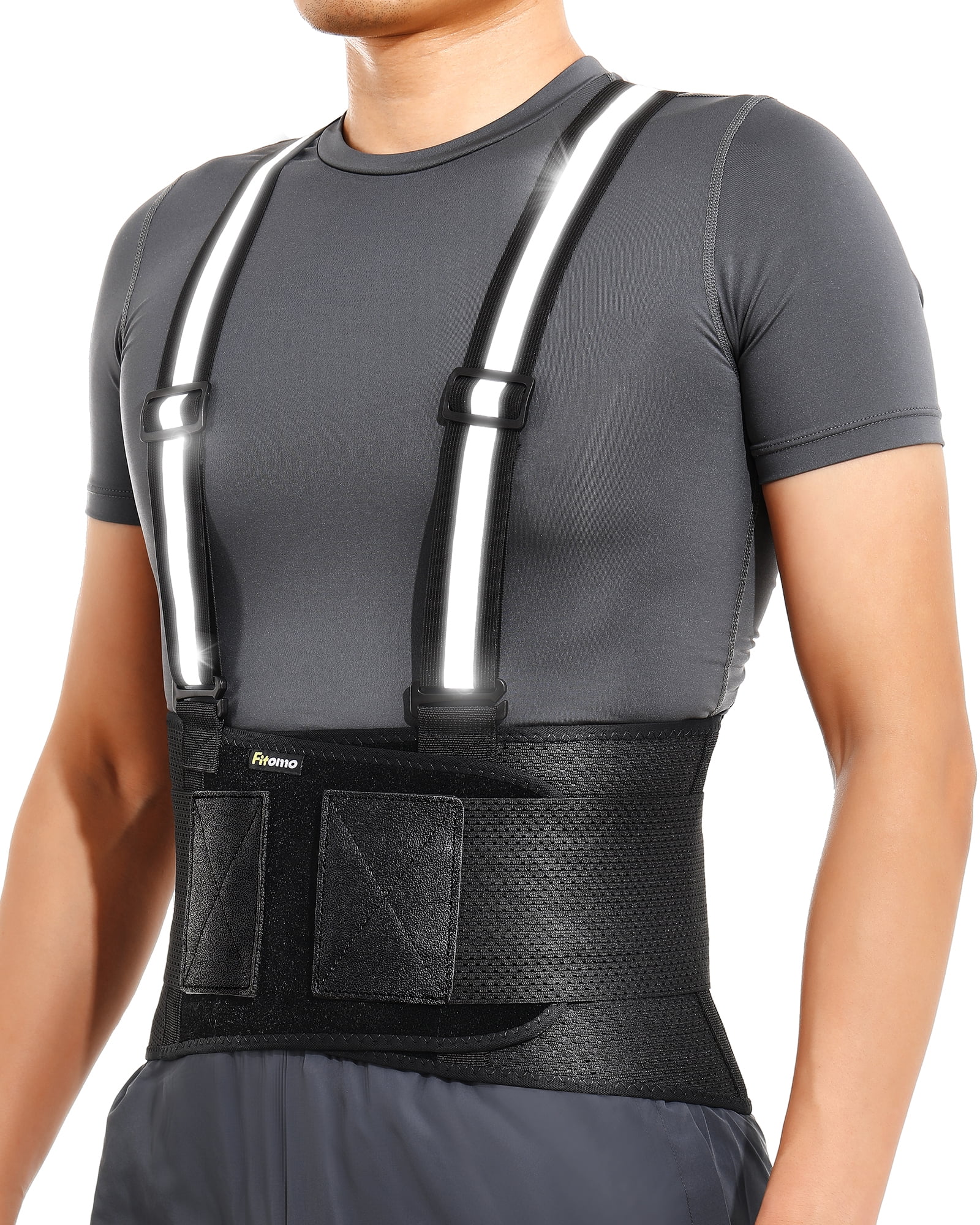 Fitomo Waist Brace Back Brace with Reflective Belt and 7 Splints, for Work Outdoor Running Motorcycle Size L