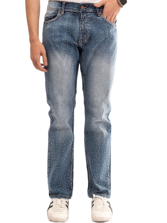 Men's Rhinestone Straight-Leg Jeans, Stone Blue Sparkle Denim