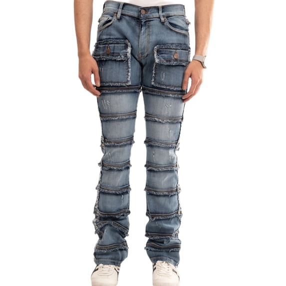 NOVASTILE Men's Slim fit Straight leg Stretch Denim Jeans Cargo Pockets Distressed All Over Frayed Ripped Patchwork Stacked Design Streetwear Light Wash Statement Pants M5 Blue 32