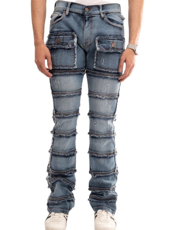 Men's Slim fit Straight leg Stretch Denim Jeans Cargo Pockets Distressed All Over Frayed Ripped Patchwork Stacked Design Streetwear Light Wash Statement Pants M5 Blue 38