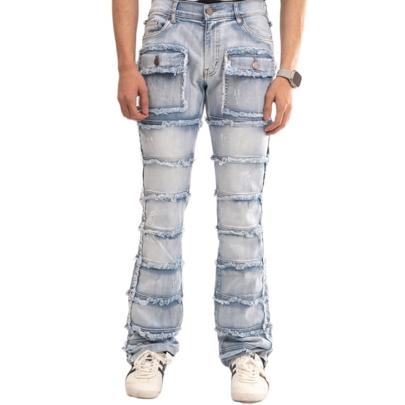 NOVASTILE Men's Stacked Flare Jeans, Light Wash Frayed Patchwork Denim