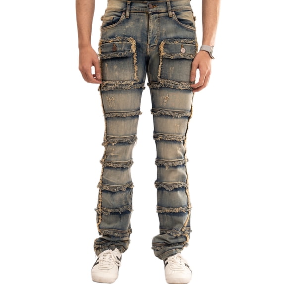 NOVASTILE Men's Stacked Flare Jeans, Vintage Tinted Frayed Patchwork Denim