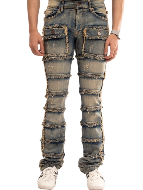 Men's Slim fit Straight leg Stretch Denim Jeans Cargo Pockets Distressed All Over Frayed Ripped Patchwork Stacked Design Streetwear Light Wash Statement Pants M5 Light Tint 32