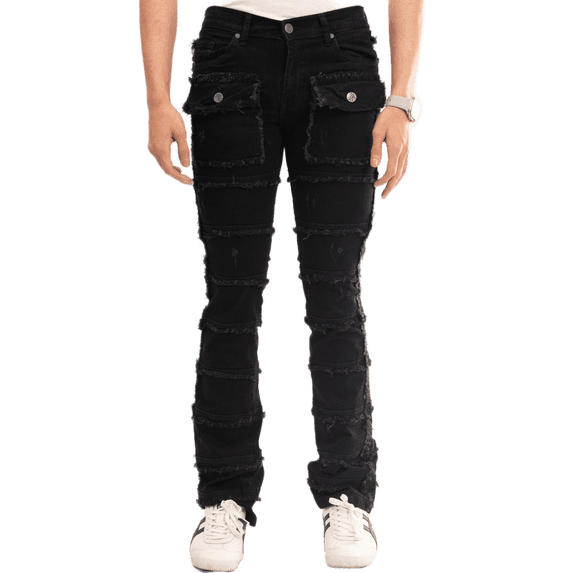 NOVASTILE Men's Slim fit Straight leg Stretch Denim Jeans Cargo Pockets Distressed All Over Frayed Ripped Patchwork Stacked Design Streetwear Statement Pants M5 Black 28