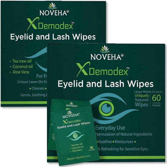 NOVEHA 120Pcs Demodex Eyelid & Lash Wipes, Extra Strength Cleansing Wipes, Battle Itchy & Irritated Eyes Associated with Demodex Mites, Naturally Remove Debris, Individually Wrapped; 2 Pack