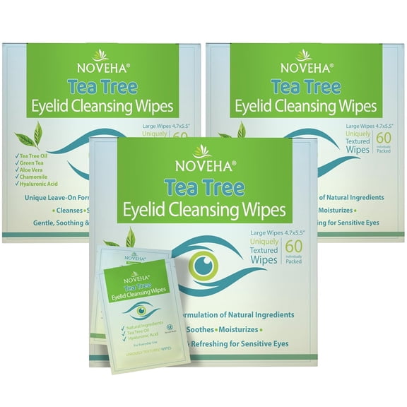 NOVEHA 180 Pcs Tea Tree Oil Eyelid Wipes | Blepharitis, Itchy & Stye Eyes  With Hyaluronic Acid, Green Tea & Chamomile, Natural Eye Makeup Remover & Daily Cleanser | Individually Wrapped (3 Pack)