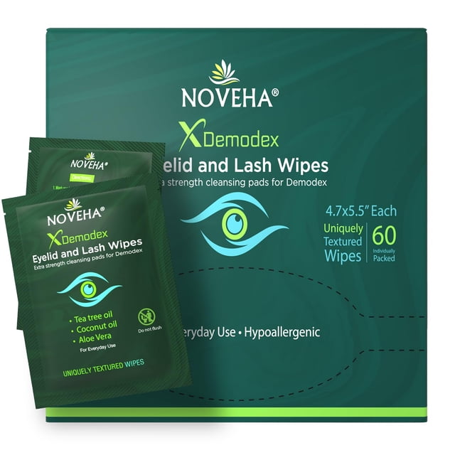 NOVEHA Demodex Eyelid & Lash Wipes Box Of 60 Individually Wrapped