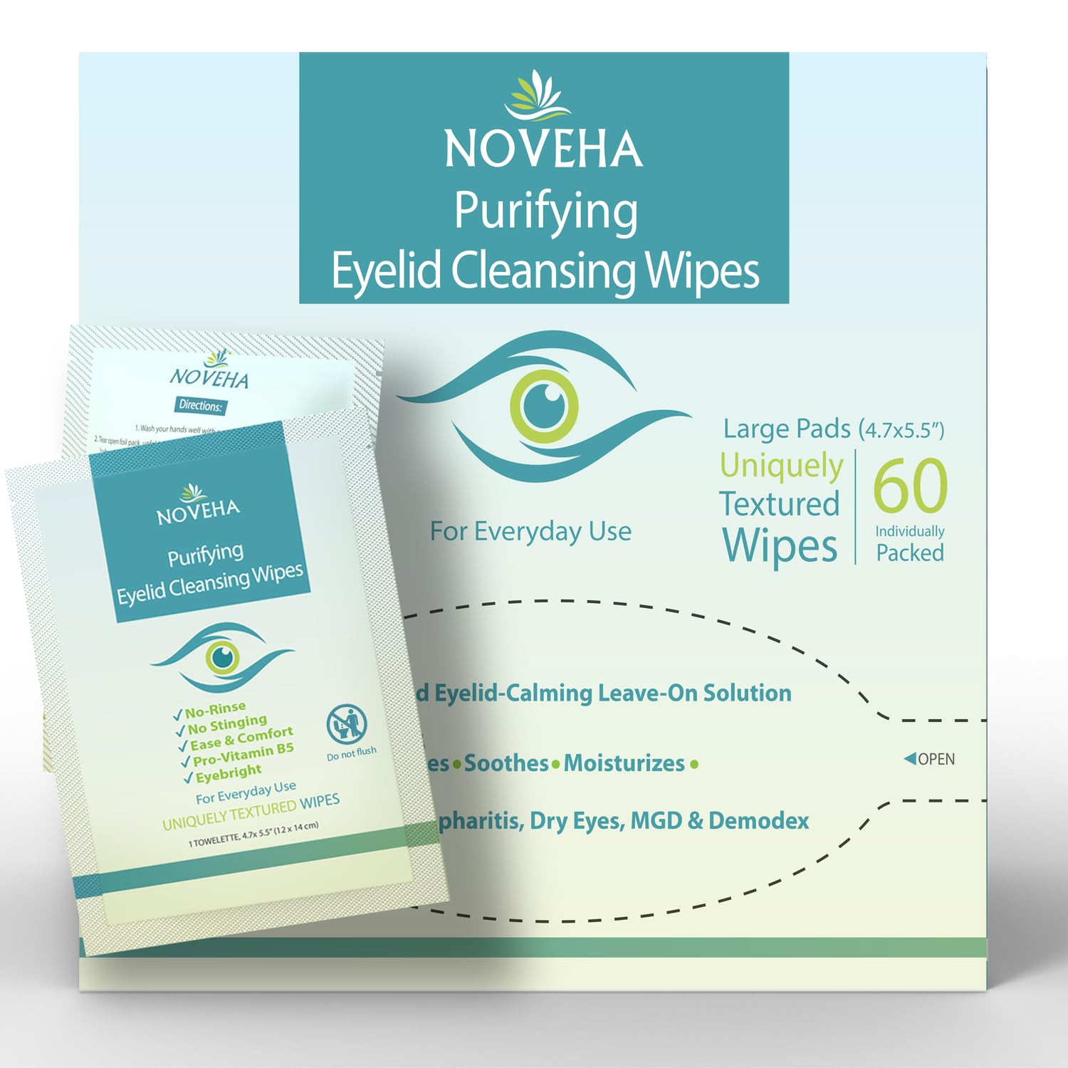 NOVEHA Eyelid & Lash Wipes for Itchy and Dry Eyes & Styes Pack of 60