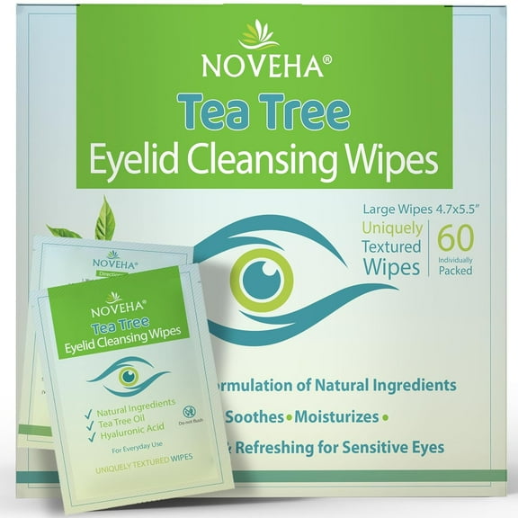 NOVEHA 60PCs Tea Tree Oil Eyelid Wipes | Blepharitis, Itchy & Stye Eyes – With Hyaluronic Acid, Green Tea & Chamomile, Natural Eye Makeup Remover & Daily Cleanser | Individually Wrapped