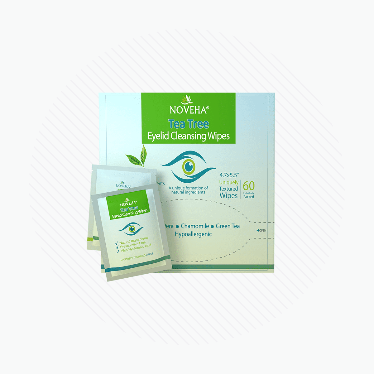 NOVEHA Tea Tree Oil Eyelid & Lash Wipes With HA, Green Tea