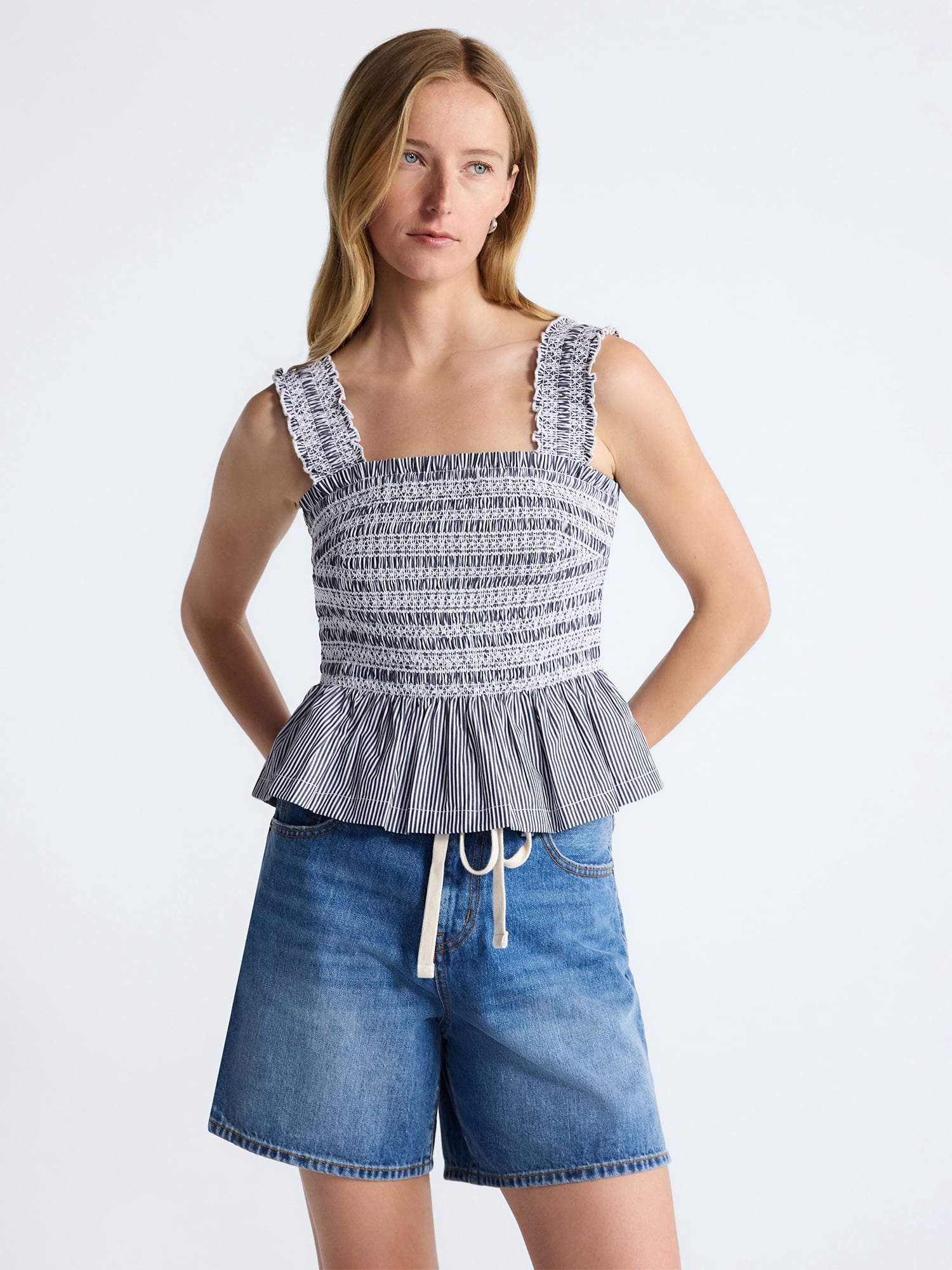 Free Assembly Women's and Women's Plus Smocked Cotton Tank Top with Peplum Hem, Sizes XS-4X