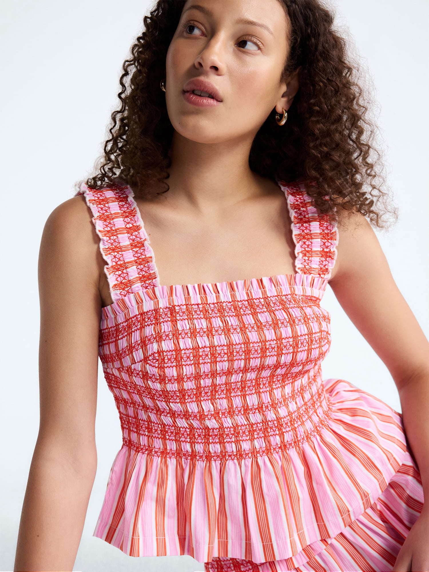 Women's and Women's Plus Smocked Cotton Tank Top with Peplum Hem, Sizes XS-4X