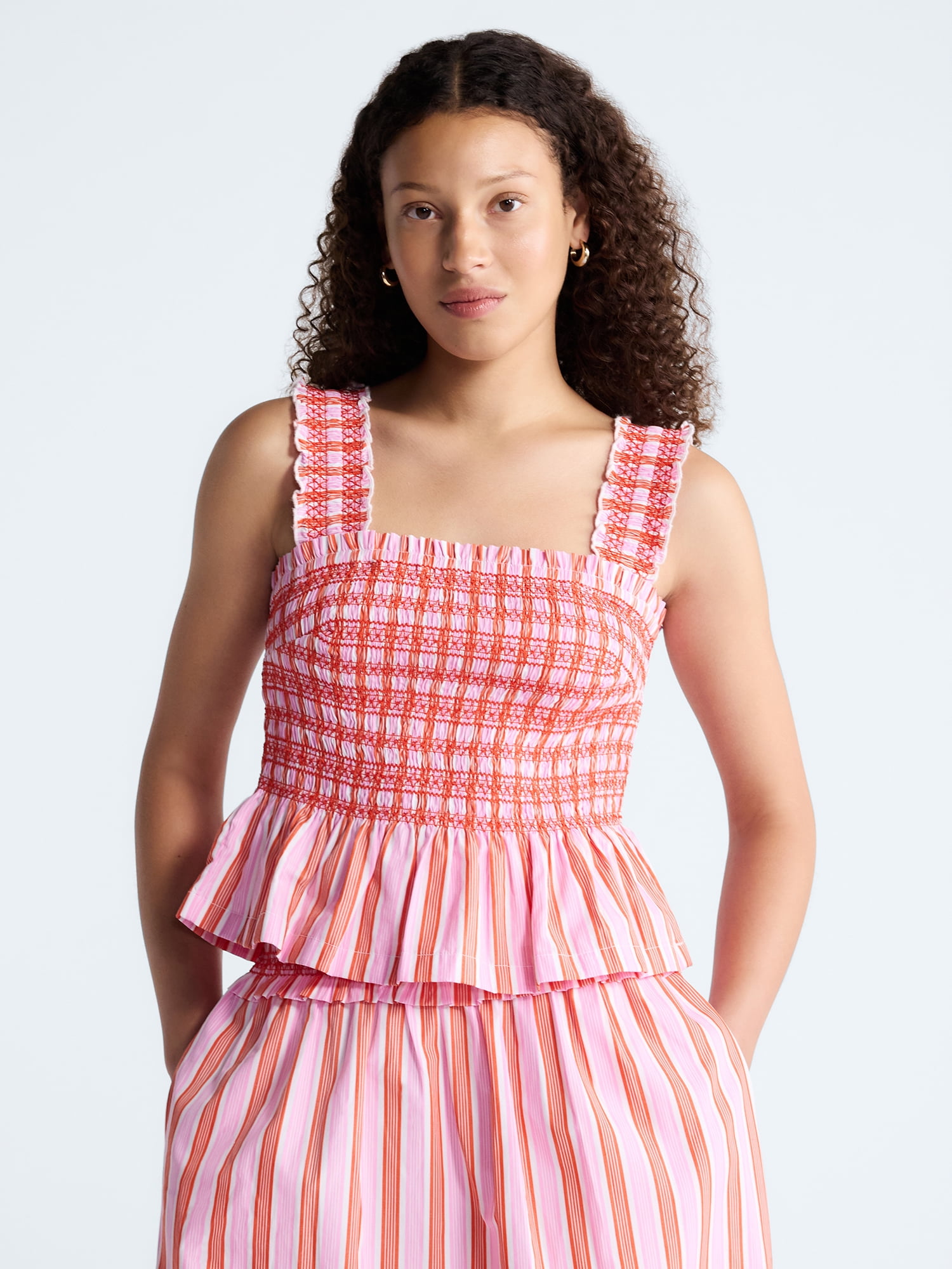 Free Assembly Women's and Women's Plus Smocked Cotton Tank Top with Peplum Hem, Sizes XS-4X