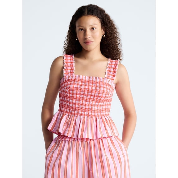 Free Assembly Women's and Women's Plus Smocked Cotton Tank Top with Peplum Hem, Sizes XS-4X