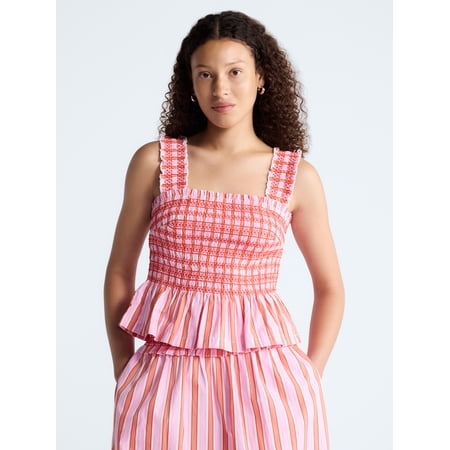 Free Assembly Women's and Women's Plus Smocked Cotton Tank Top with Peplum Hem, Sizes XS-4X