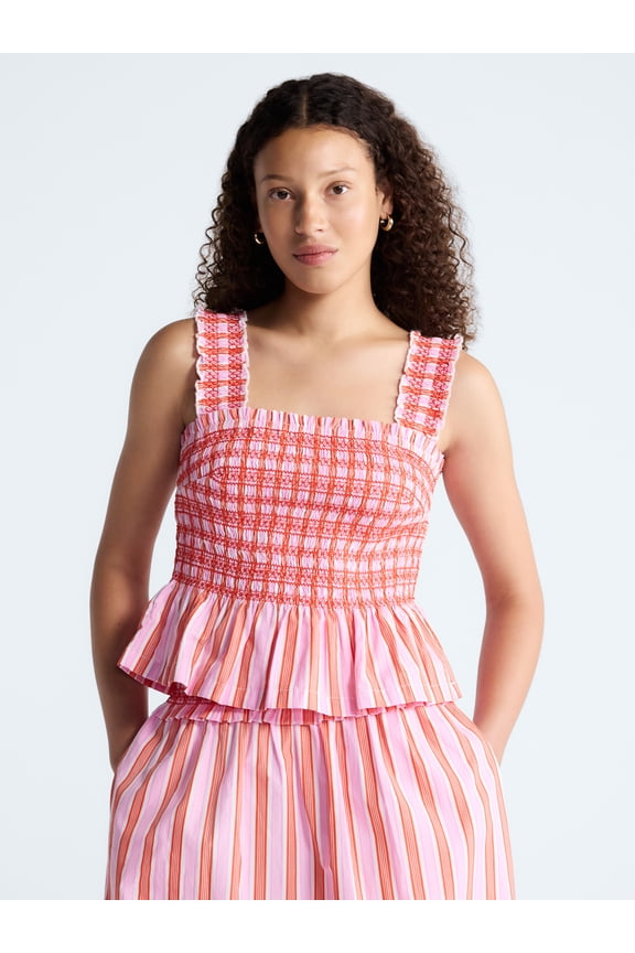 Women's and Women's Plus Smocked Cotton Tank Top with Peplum Hem, Sizes XS-4X