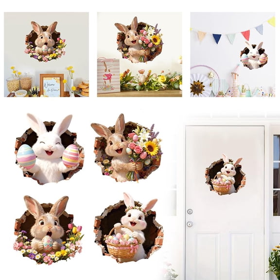 NOVELAR Adorable Bunny Easter Wall Sticker, 11.8 Inch Square Plastic & Paper, Creates Playful Broken Wall Effect for Room Decor