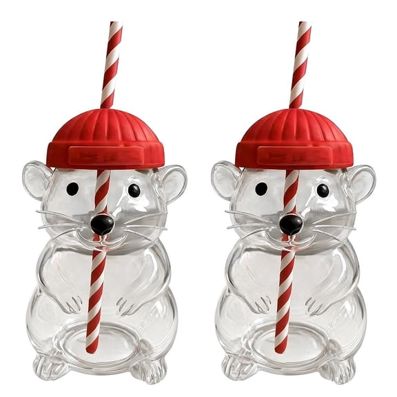 NOVELAR Clear Glass Beverage Cup with Red Lid, 5.9 in Height, Adorable Mouse Ears and Whiskers Design, Ideal for Serving Iced Tea and Juice at Casual Gatherings