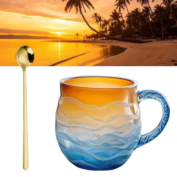 NOVELAR Coastal-Inspired Drinkware, 12 oz Textured Glass Mug, Sunset Amber to Ocean Blue Gradient, Holds Hot and Cold Beverages, Adds Seaside Charm to Any Setting