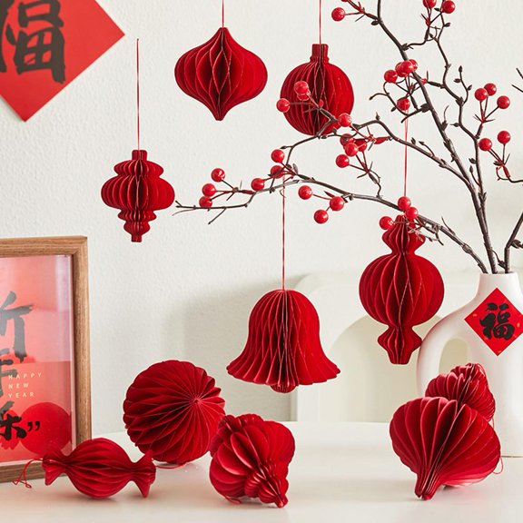 NOVELAR Folded 3D Lantern, 3.94 Inch Red Paper Pendant Decoration, Reusable and Easy to Install for Various Holiday Scenarios