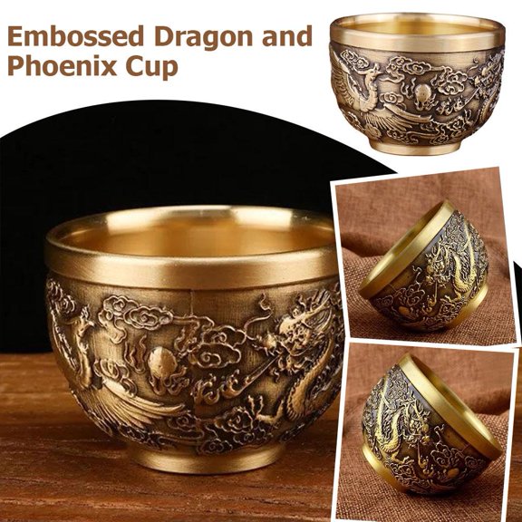 NOVELAR Handcrafted Dragon Phoenix Embossed Cup, 1.97 in Wide Copper Art Piece, Unique Gift for Tea Tasting and Cultural Appreciation