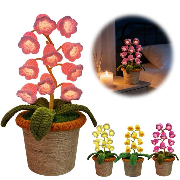 NOVELAR Handmade Crochet Orchid Decor with Light, 12 in Tall and Bendable, AA Battery Powered for Festive Gift Giving or Bedside Table