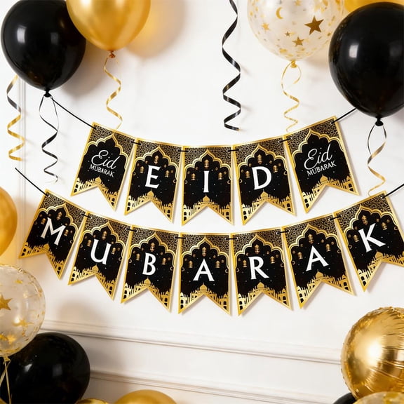 NOVELAR Islamic Holiday Decor Set, Black & Gold Paper Decorations with Moon Accents, Transform Your Space for a Traditional Celebration, Great for Eid al-Fitr or Eid al-Adha Parties