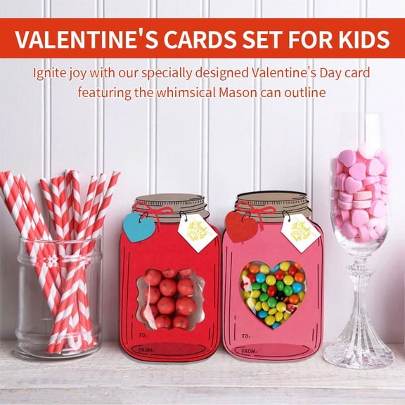 NOVELAR Jar-Shaped Valentine Cards with Heart Cutout, Includes Plastic Bags and Adhesive Strips, Ready for Classroom Gift Exchanges, Holds Treats and Toys