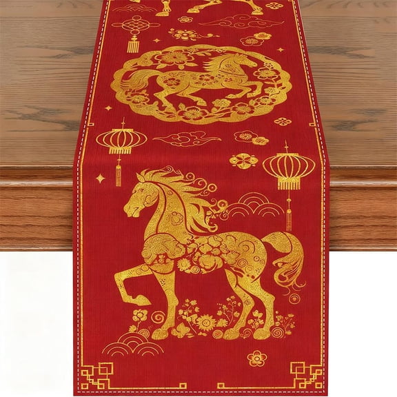 NOVELAR Linen Table Runner with Golden Horse Motif, 13 in x 6 ft, Adds Prosperous Ambiance to Holiday Gatherings