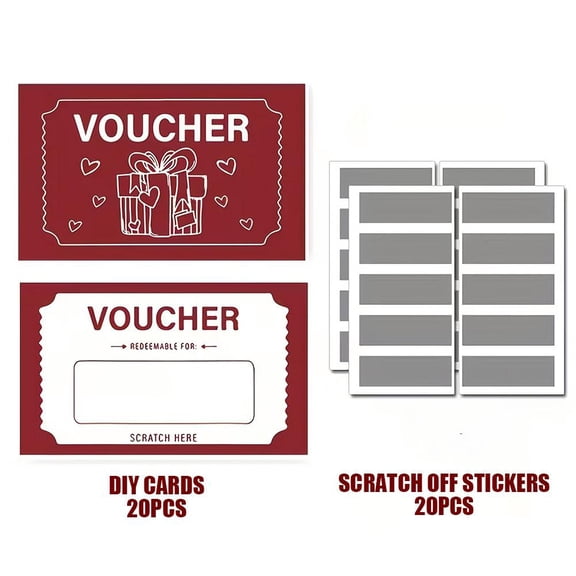 NOVELAR Maroon Scratch Cards with Heart Design, 20-Pack and Stickers Included, Reveal Hidden Prizes and Messages, Ideal for Holiday Surprises and Events