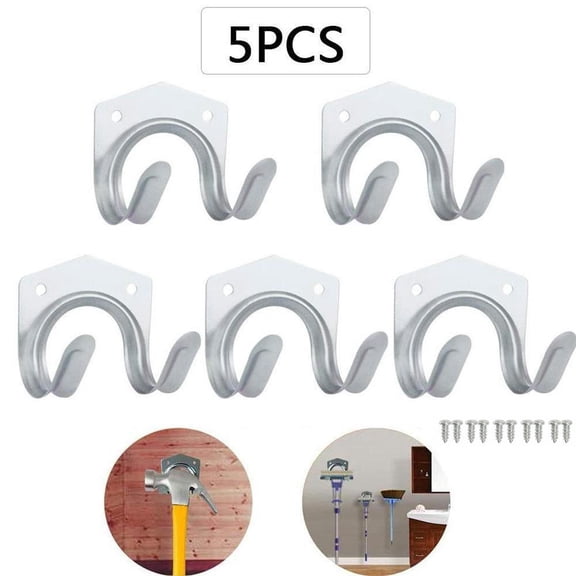 NOVELAR Metal Garage Hooks 5-Pack, 2.75 Inch Size with Mounting Holes, Keep Shed Organized with Heavy-Duty Hangers for Rakes and Long-Handled Tools