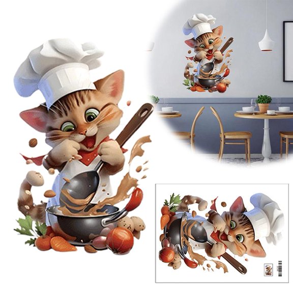 NOVELAR Reusable Wall Sticker, 11.81 x 15.74 in, Waterproof & Oil-Proof PVC Material, Playful Chef Cat Design for Restaurants and Homes