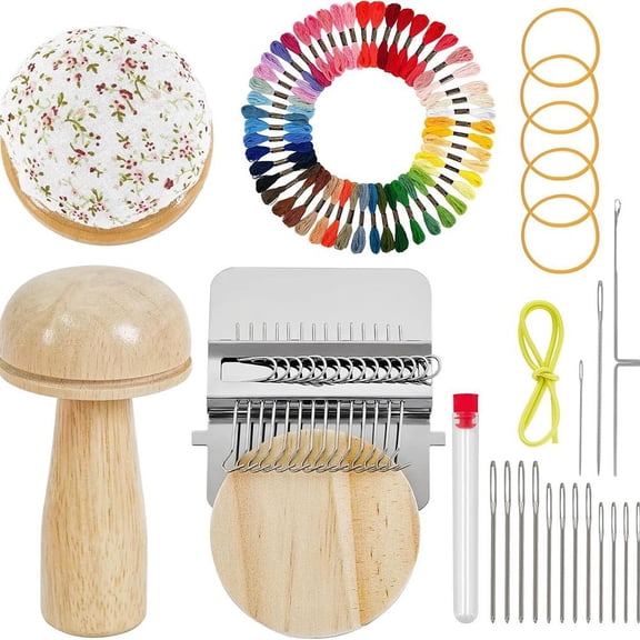 NOVELAR Wooden Darning Mushroom and Weaving Loom Set with 50 Color Threads, All-in-One Solution for Mending Knitwear and Flat Fabrics, Restore Cherished Clothing and Add Personalized Style