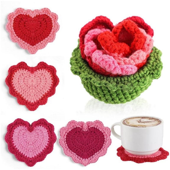 NOVELAR Yarn Heart Coaster Set, 3.15 in Each, Includes Green Organizer Holder, Neatly Stores and Displays as a Rose, Creates a Cozy, Inviting Atmosphere, Great for Housewarming Gifts