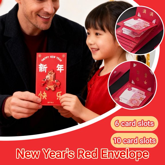 NOVELAR Year of the Horse Themed Red Envelope, Holds 6 to 10 Banknotes Neatly in Multiple Slots, Adds Festive Flair to Chinese New Year and Special Occasions
