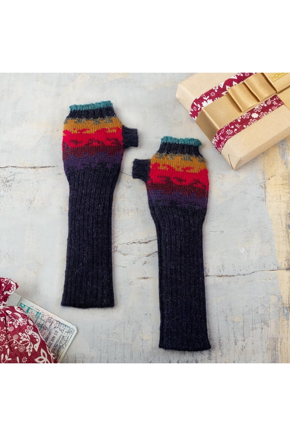 Artisan Handmade 100% Alpaca Fingerless Mitts Crafted Wool Gloves Accessories Multicolor Patterned Peru ' Andean Twilight'