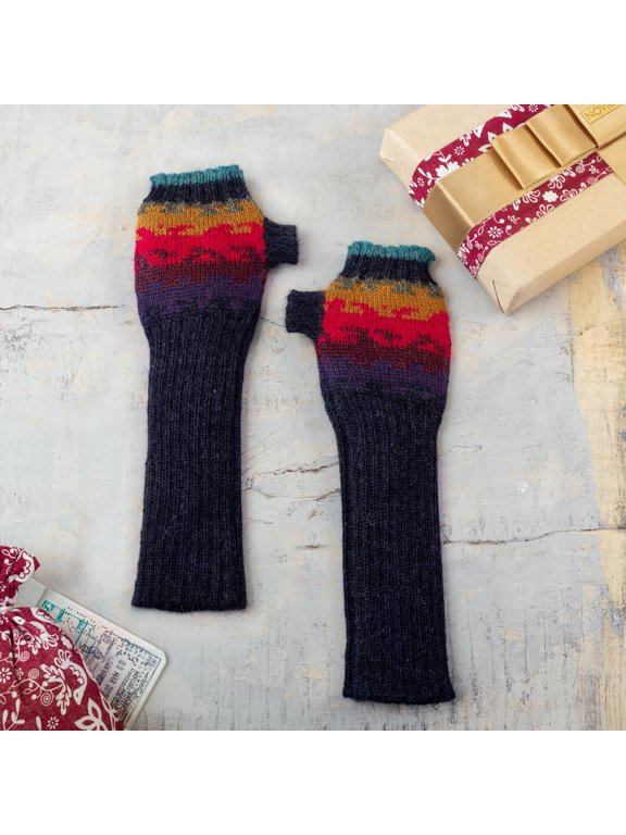 Artisan Handmade 100% Alpaca Fingerless Mitts Crafted Wool Gloves Accessories Multicolor Patterned Peru ' Andean Twilight'
