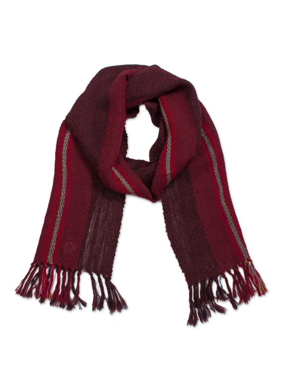Artisan Handwoven 100% Alpaca Scarf Wrap in Crimson from Peru Wool Accessories Scarves Red Burgundy Patterned ' Andean Zigzag in Crimson'