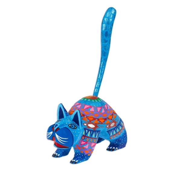 NOVICA Artisan Handmade Alebrije Sculpture Mexican Cat Blue Wood Mexico Animal Themed Folk Art [6.75in H x 2in W x 4.5in D] ' Blue Cat Greeting'