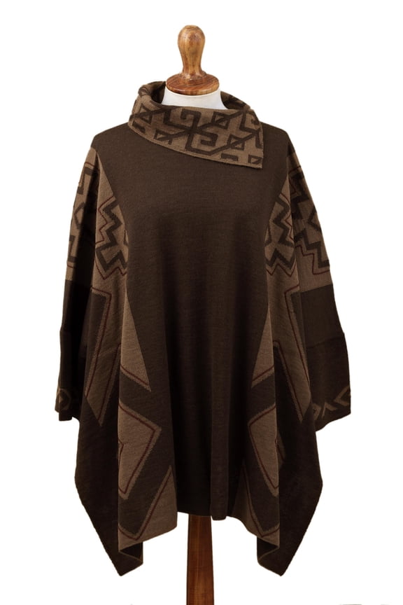 Artisan Handmade Alpaca Blend Poncho Mahogany Burnt Sienna from Peru Wool Clothing Brown Patterned ' Inca Style'