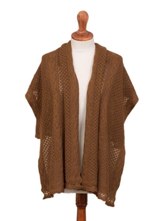 Artisan Handmade Alpaca Blend Shawl Knit in Sepia from Peru Wool Acrylic Accessories Shawls Brown Patterned ' Andean Delight in Sepia'