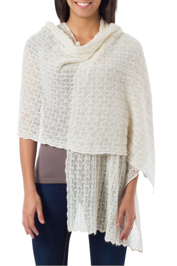 Artisan Handmade White Alpaca Blend Shawl | Pure Wool from Peru | Solid Accessories | 75" L x 21.75" W | 'Muse'